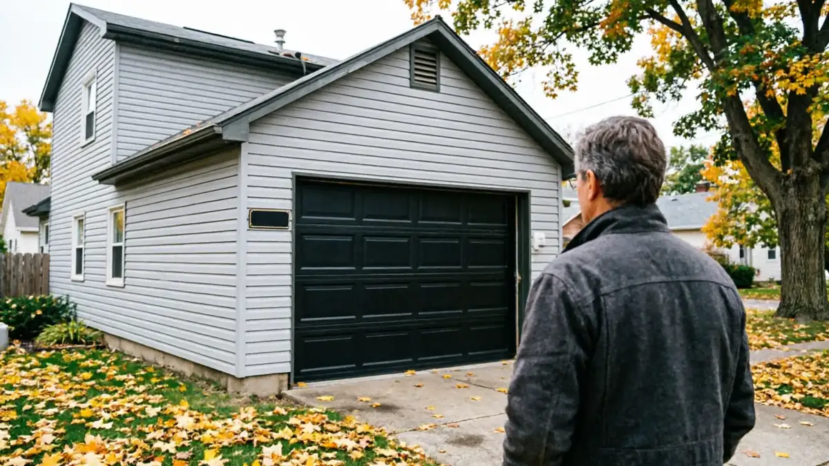 A person stands in a driveway looking at a gray house with a black garage door.