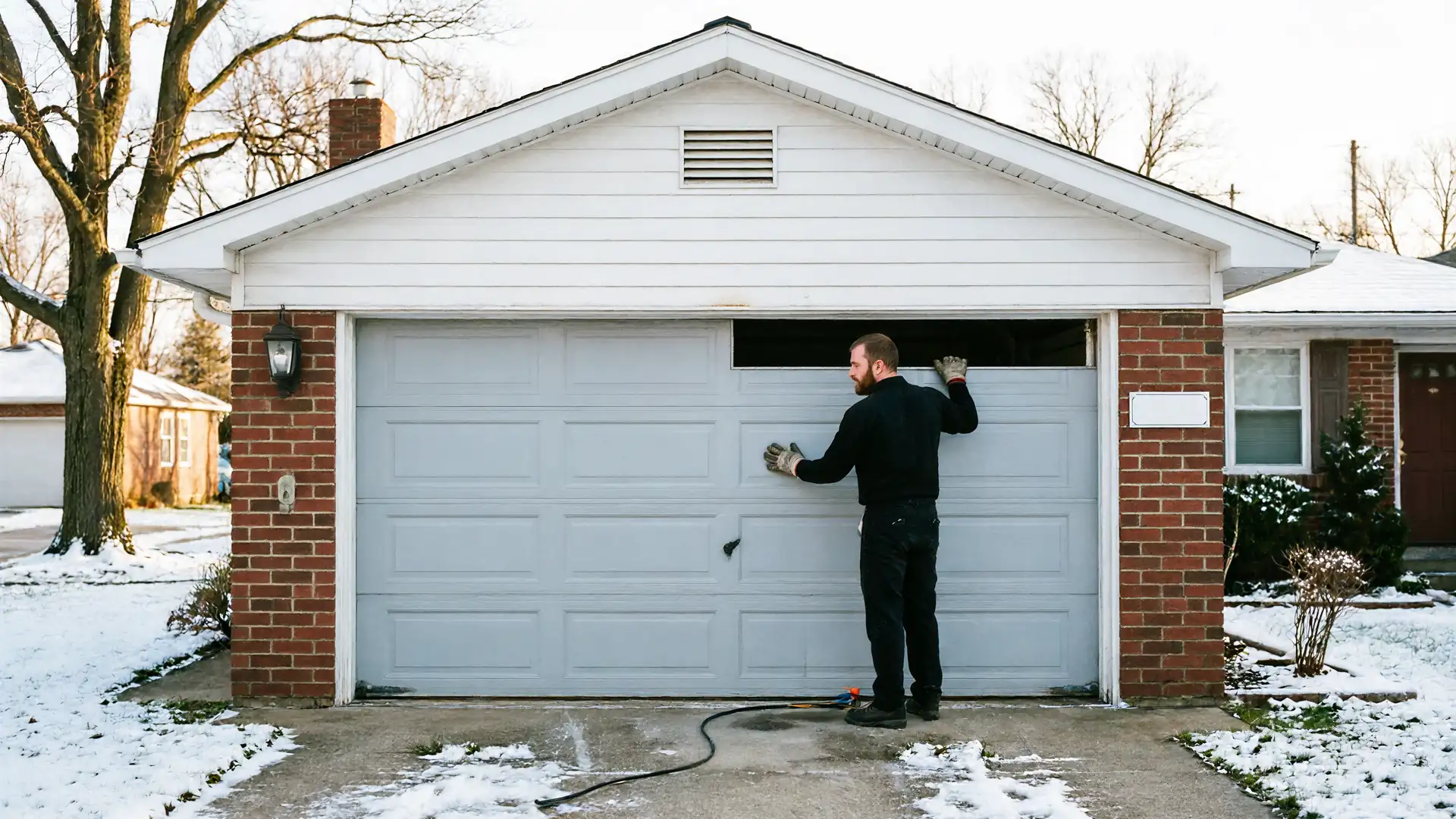 A technician is working on a gray garage door of a brick house in the snow.