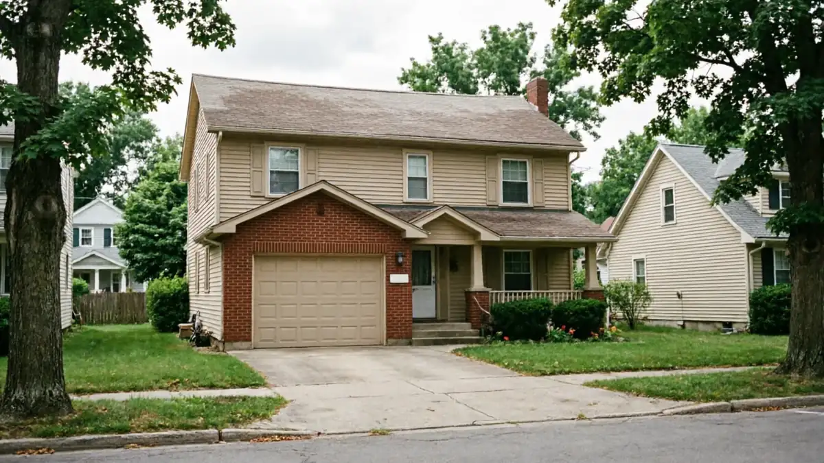 A two-story house with a tan garage door and brick facade.