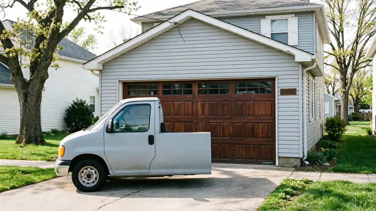 A gray van is parked in a driveway in front of a brown garage door.