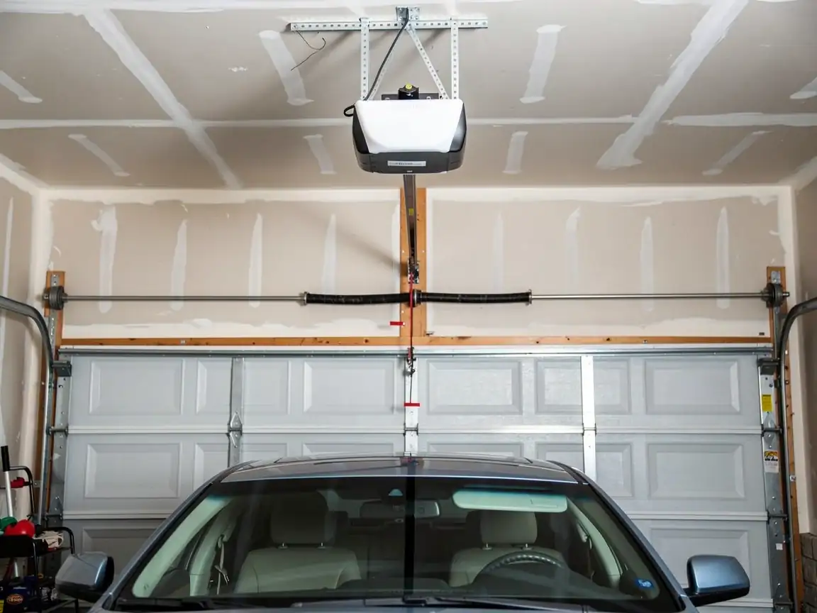 A white garage door is closed with a car parked in front of it.