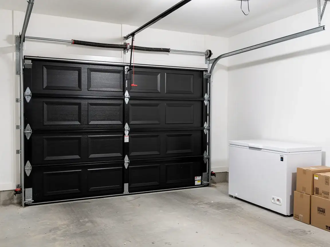 A black garage door is closed with a white freezer and cardboard boxes nearby.